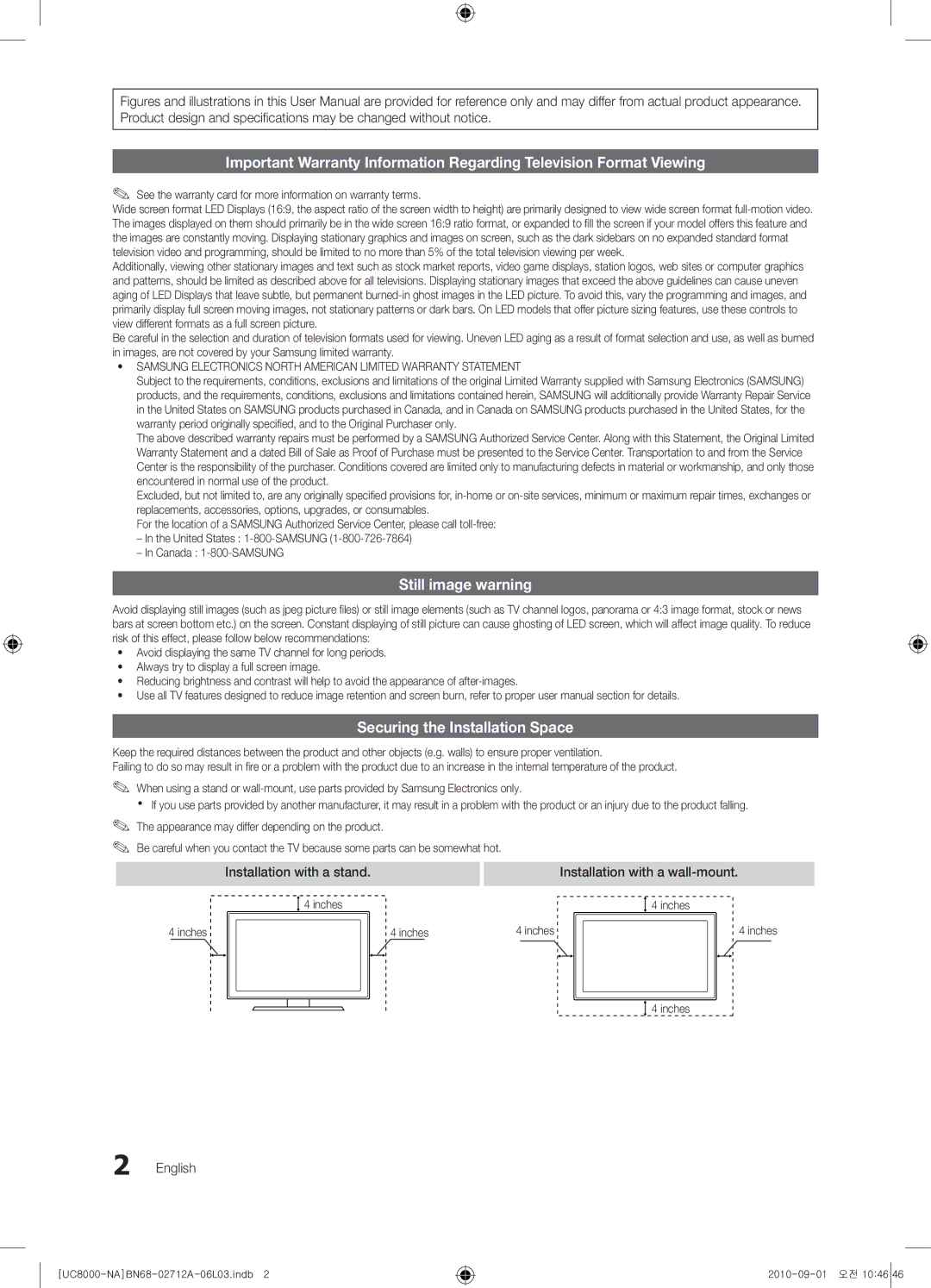 Samsung 8000 Still image warning, Securing the Installation Space, Installation with a wall-mount, English, Inches 