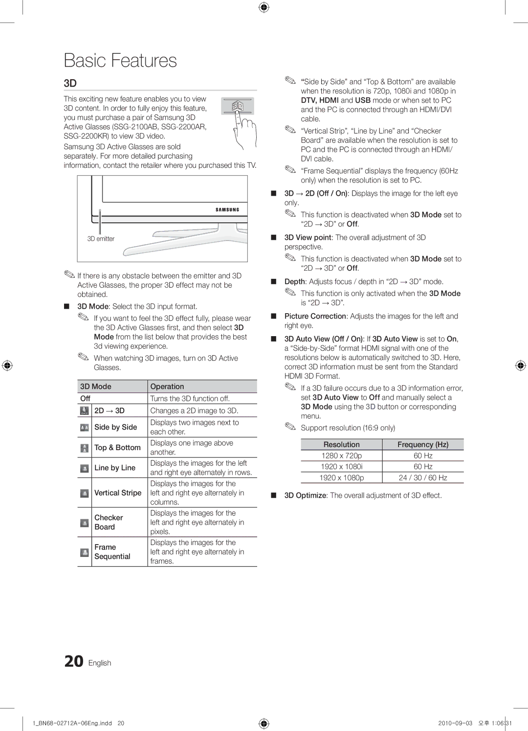 Samsung 8000 user manual Displays the images for, 60 Hz, 3D Optimize The overall adjustment of 3D effect 