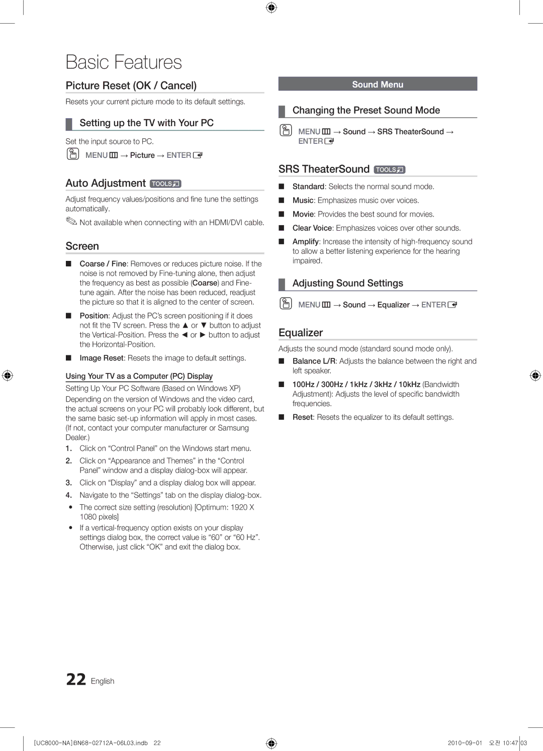 Samsung 8000 user manual Picture Reset OK / Cancel, Auto Adjustment t, Screen, SRS TheaterSound t, Equalizer 