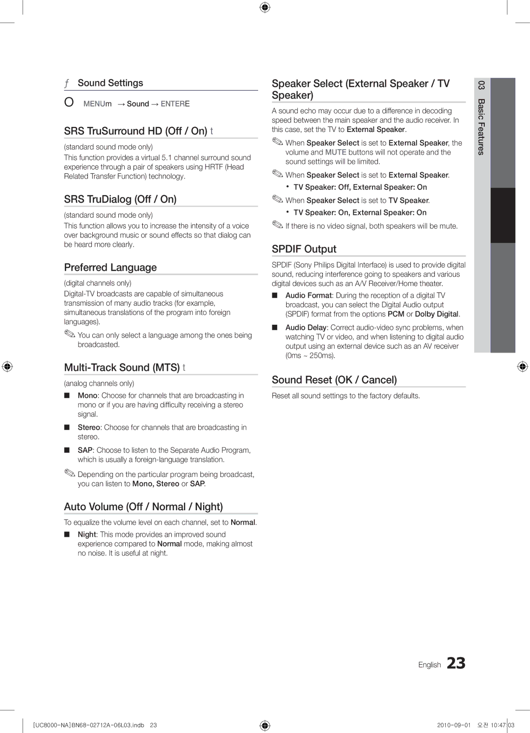 Samsung 8000 user manual SRS TruSurround HD Off / On t, SRS TruDialog Off / On, Preferred Language, Multi-Track Sound MTS t 