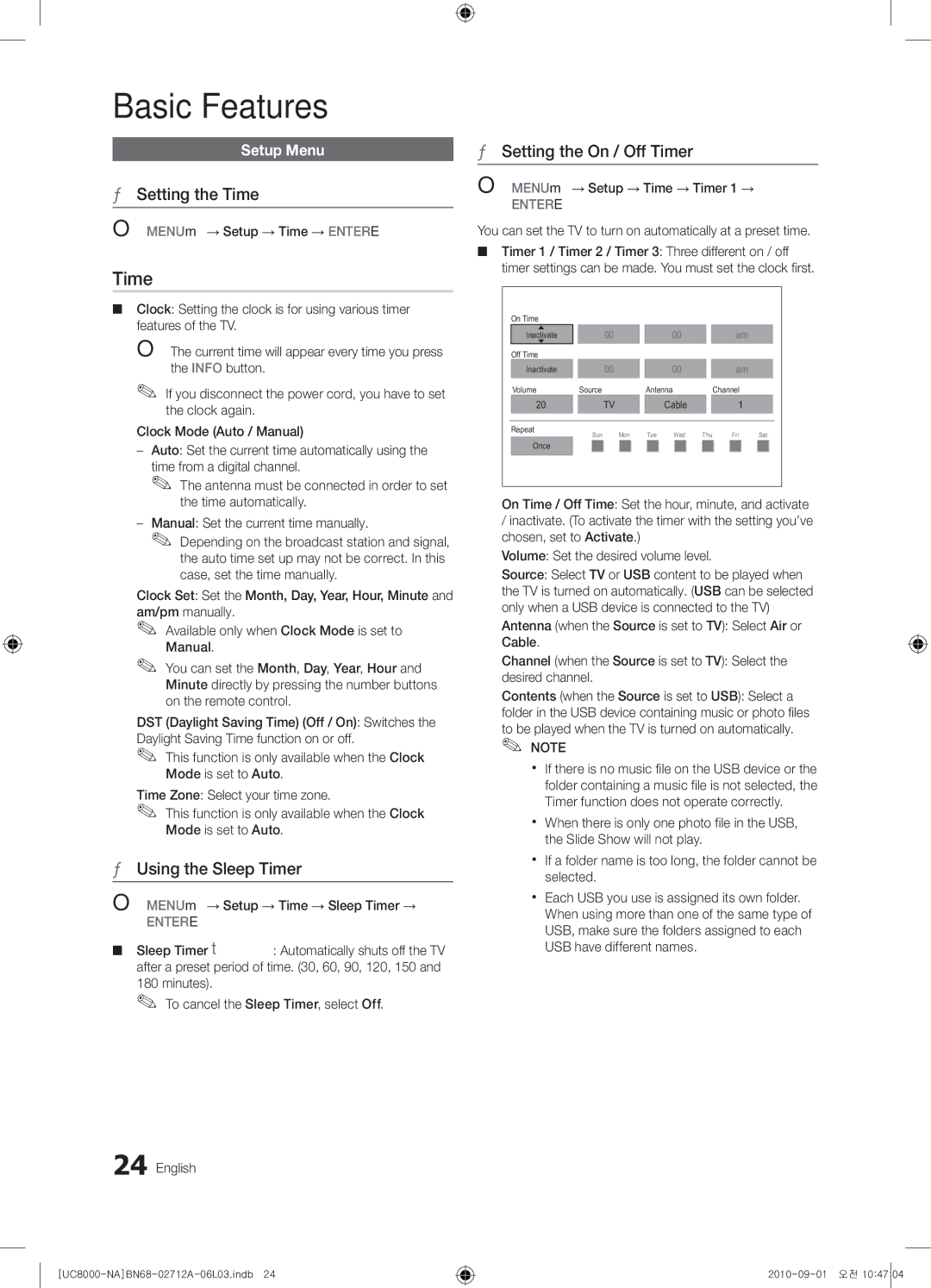 Samsung 8000 user manual Setting the Time, Using the Sleep Timer, Setting the On / Off Timer 