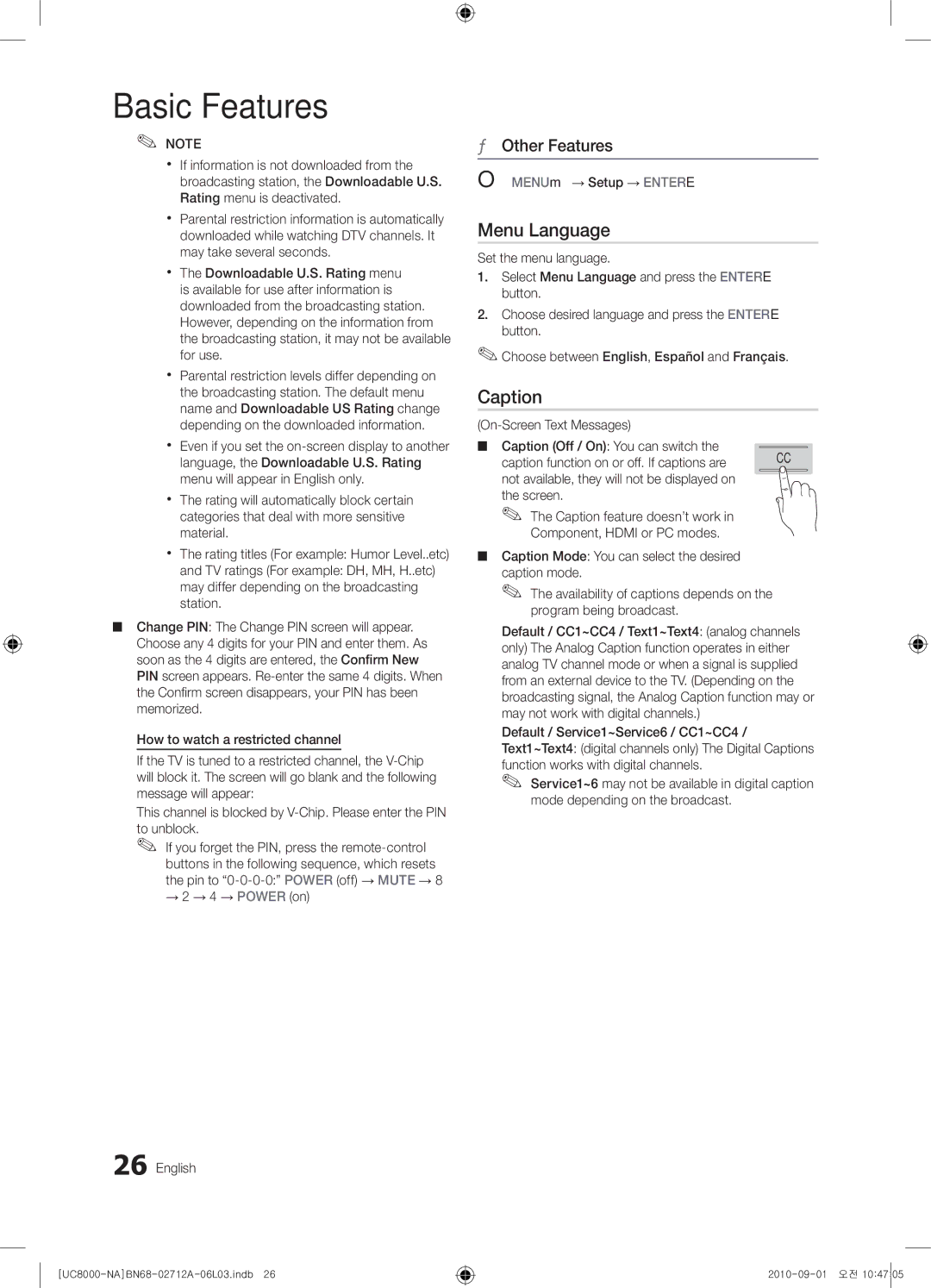 Samsung 8000 user manual Menu Language, Caption, Pin to 0-0-0-0 Power off Mute Power on English 