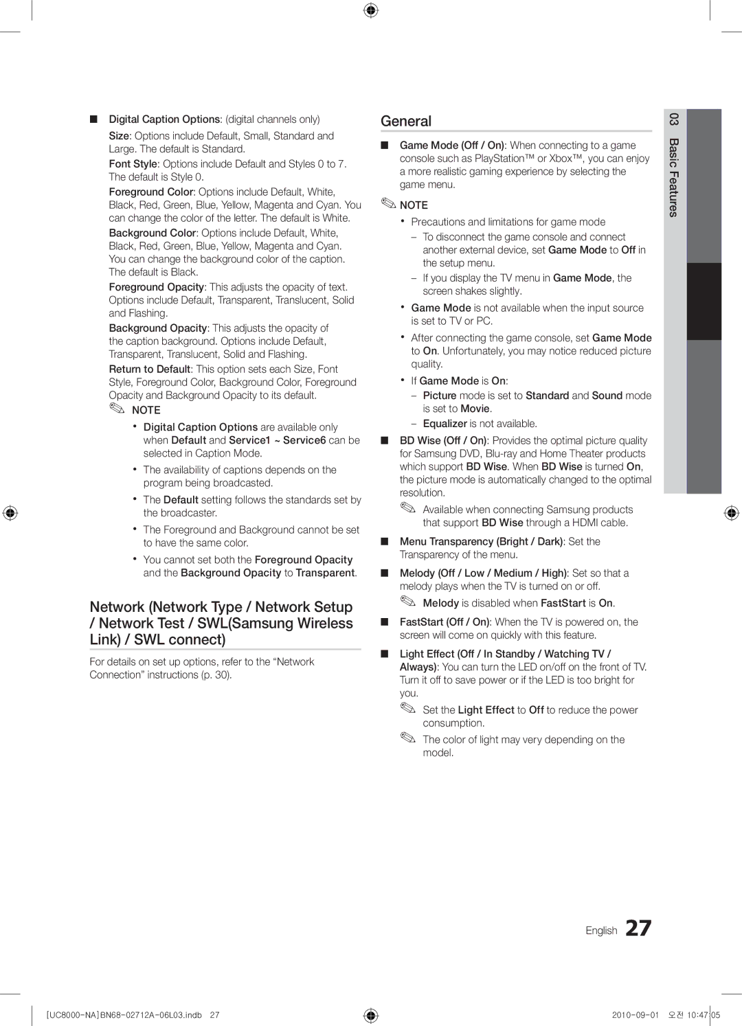 Samsung 8000 user manual General, Melody is disabled when FastStart is On 