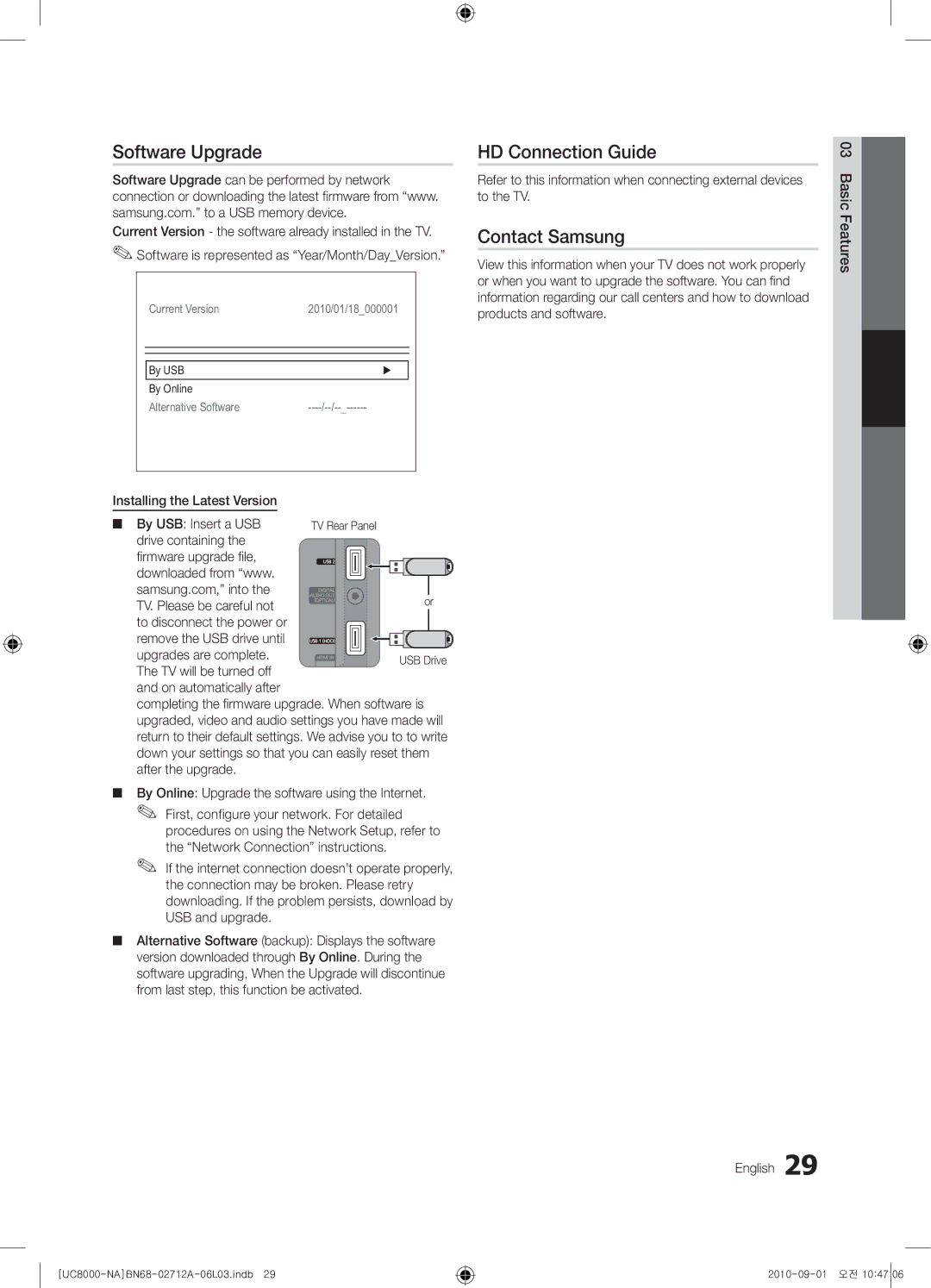 Samsung 8000 user manual Software Upgrade, HD Connection Guide, Contact Samsung 