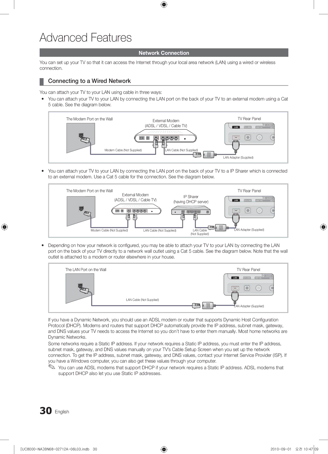 Samsung 8000 user manual Advanced Features, Connecting to a Wired Network, Network Connection, Modem Port on the Wall 