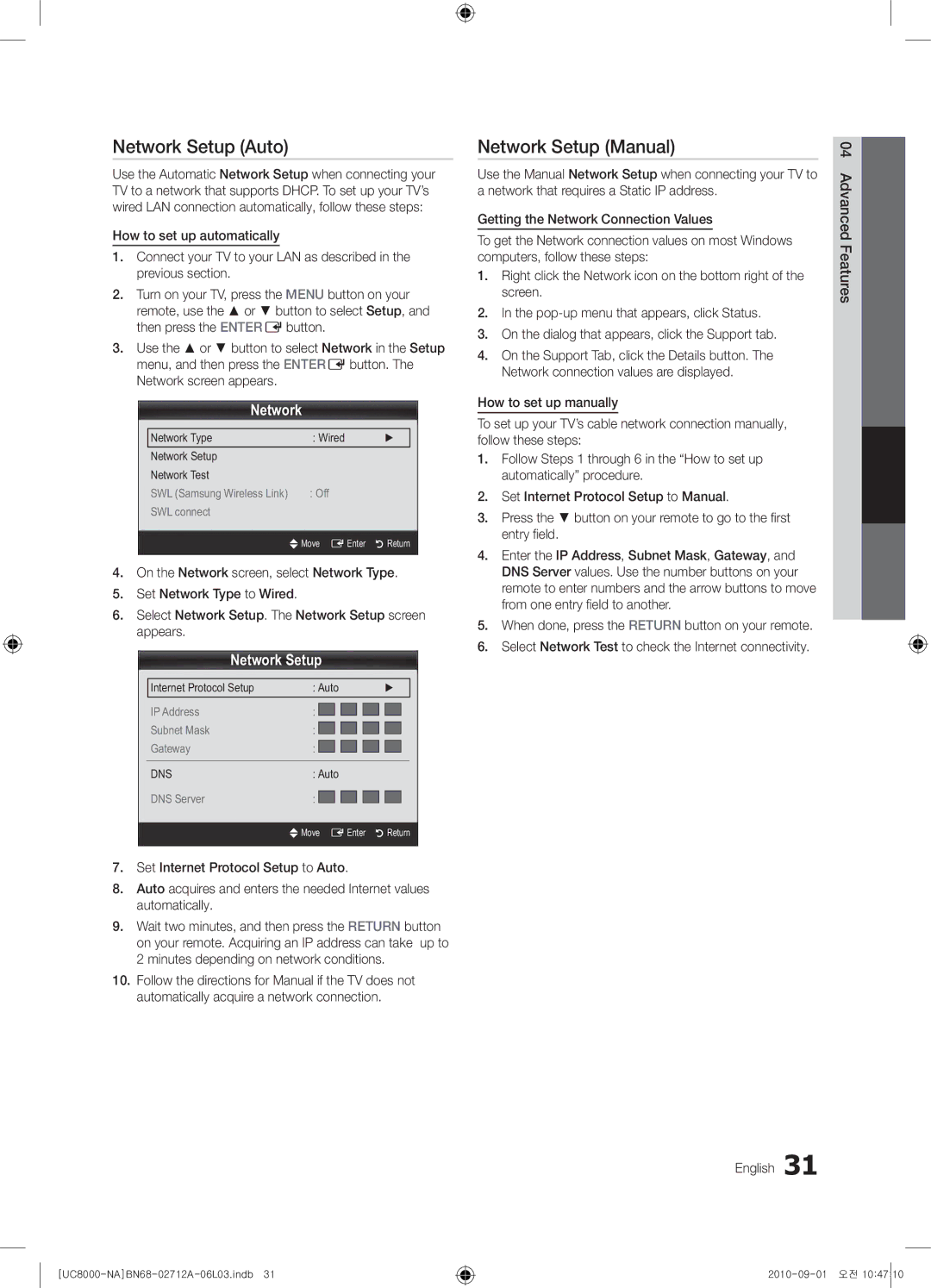 Samsung 8000 user manual Network Setup Auto, Network Setup Manual 