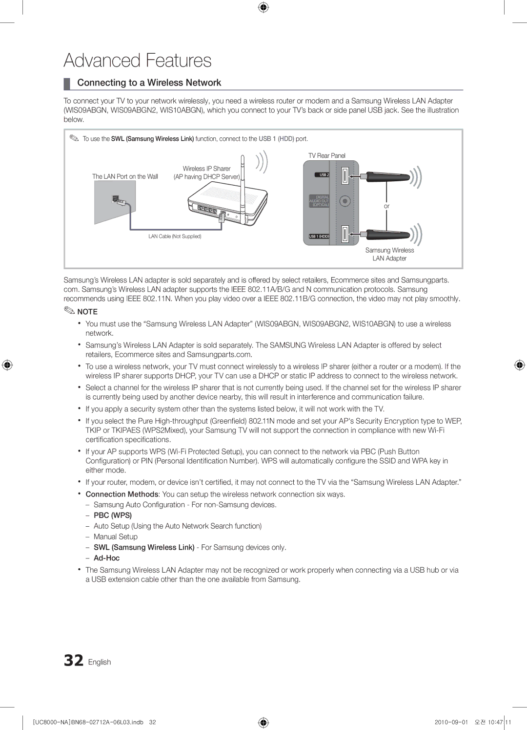 Samsung 8000 user manual Connecting to a Wireless Network, LAN Port on the Wall 