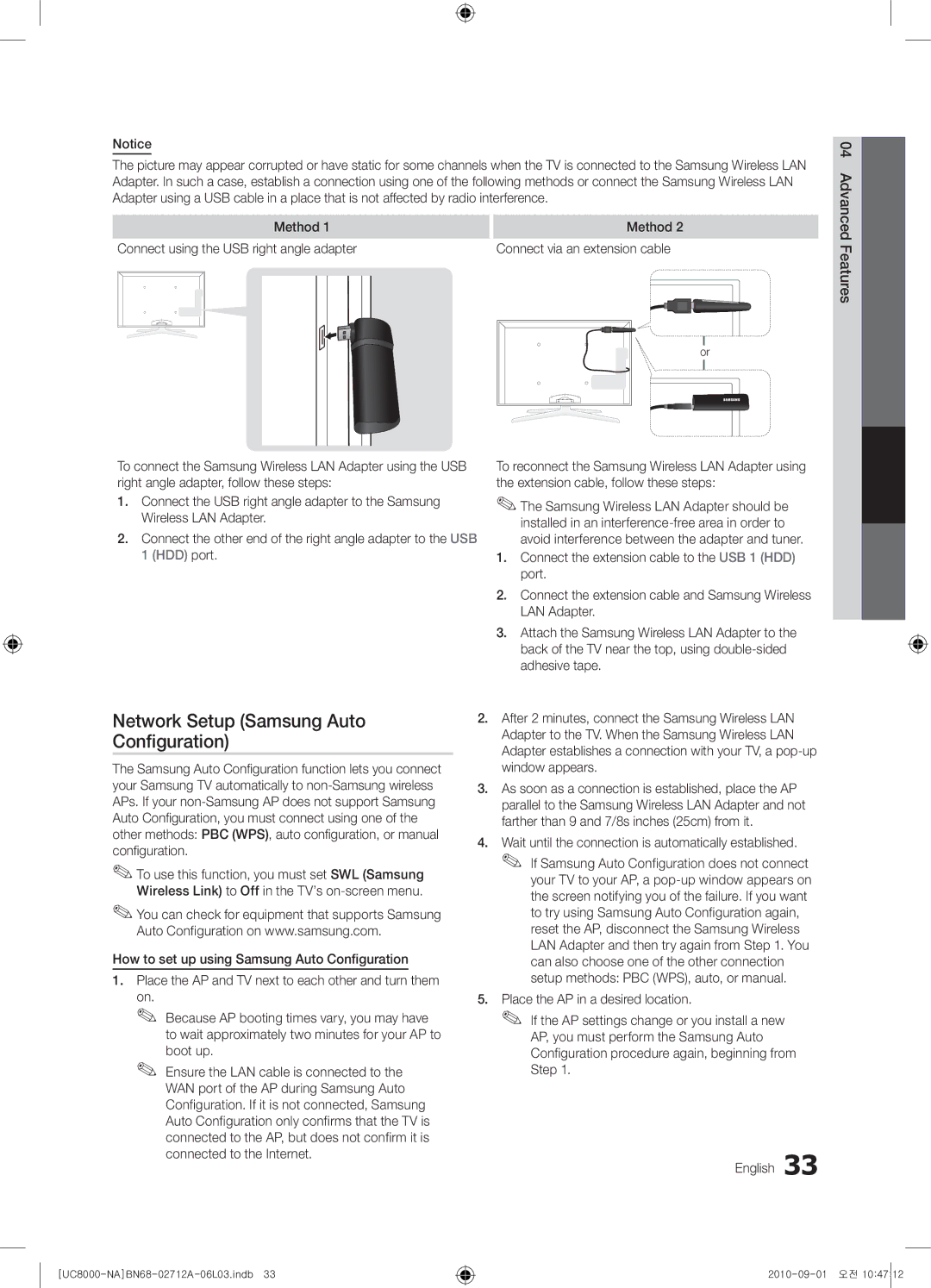 Samsung 8000 user manual Network Setup Samsung Auto Conﬁguration, Wait until the connection is automatically established 