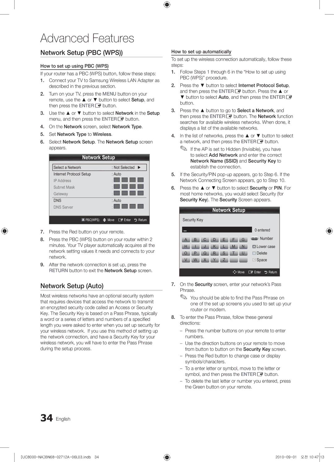 Samsung 8000 user manual Network Setup PBC WPS, Button Press Button to go to Select a Network 