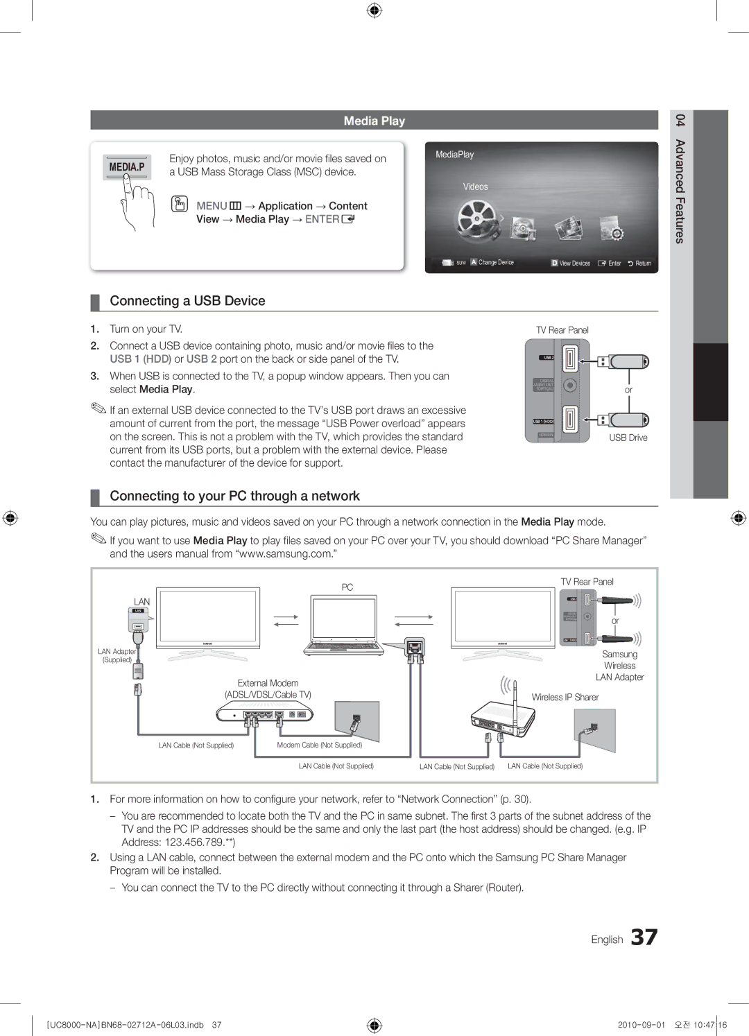 Samsung 8000 user manual Connecting a USB Device, Connecting to your PC through a network, Media Play 