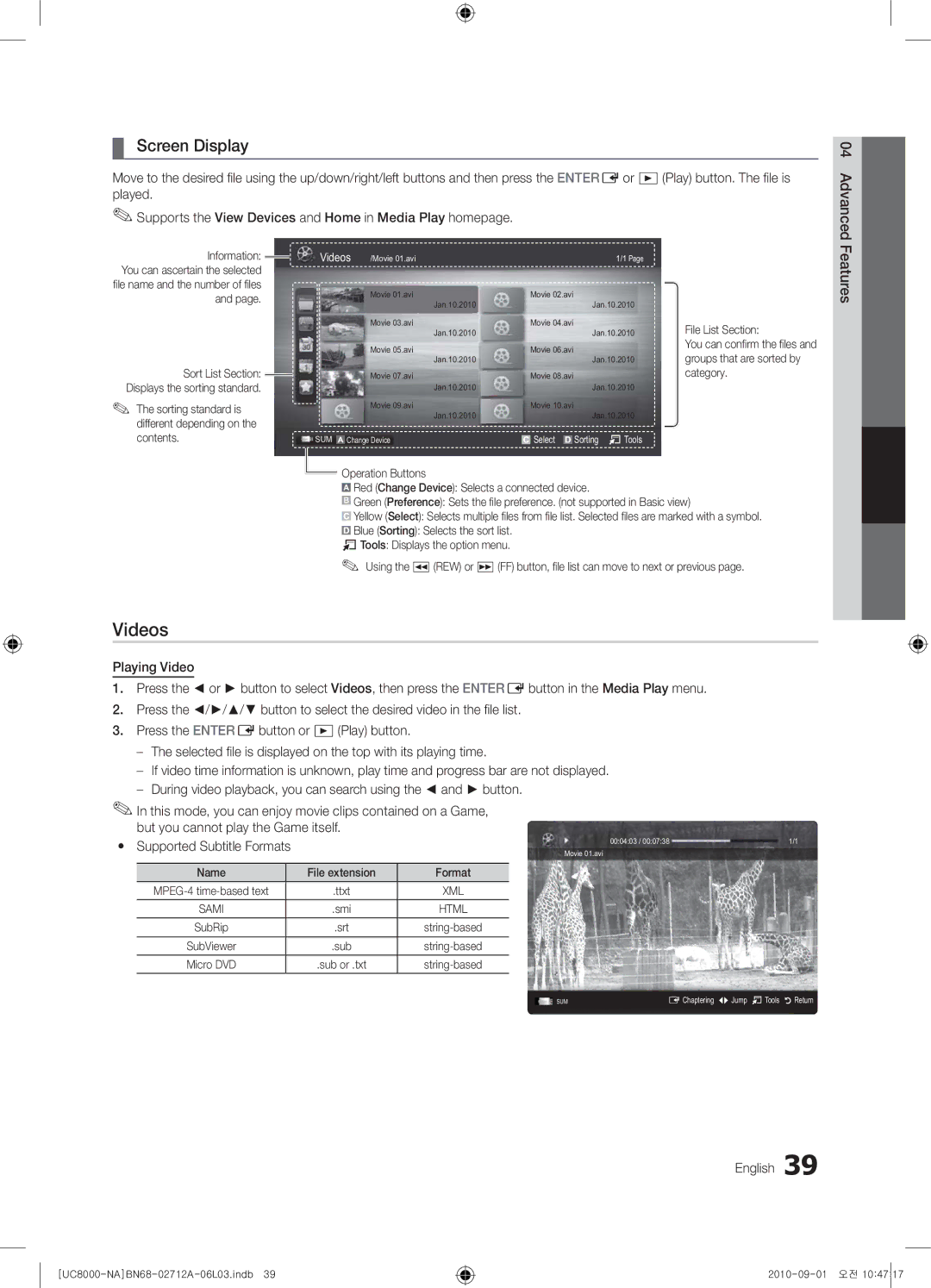 Samsung 8000 user manual Videos, Screen Display, Features 