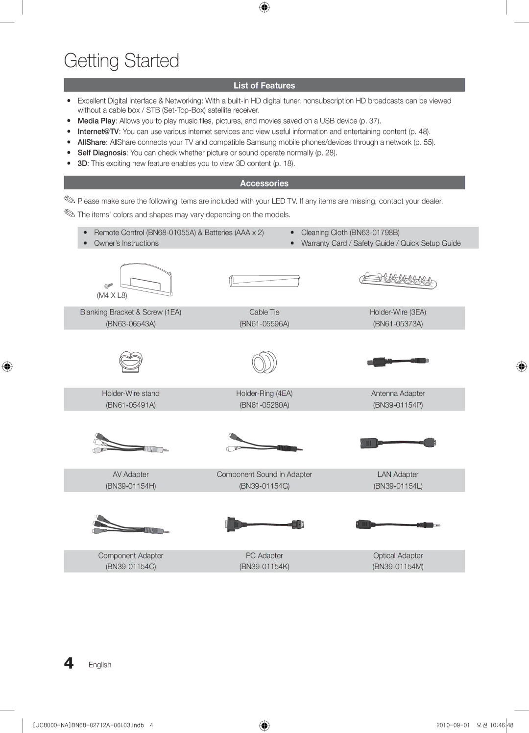 Samsung 8000 Getting Started, List of Features, Accessories, M4 X L8, Warranty Card / Safety Guide / Quick Setup Guide 