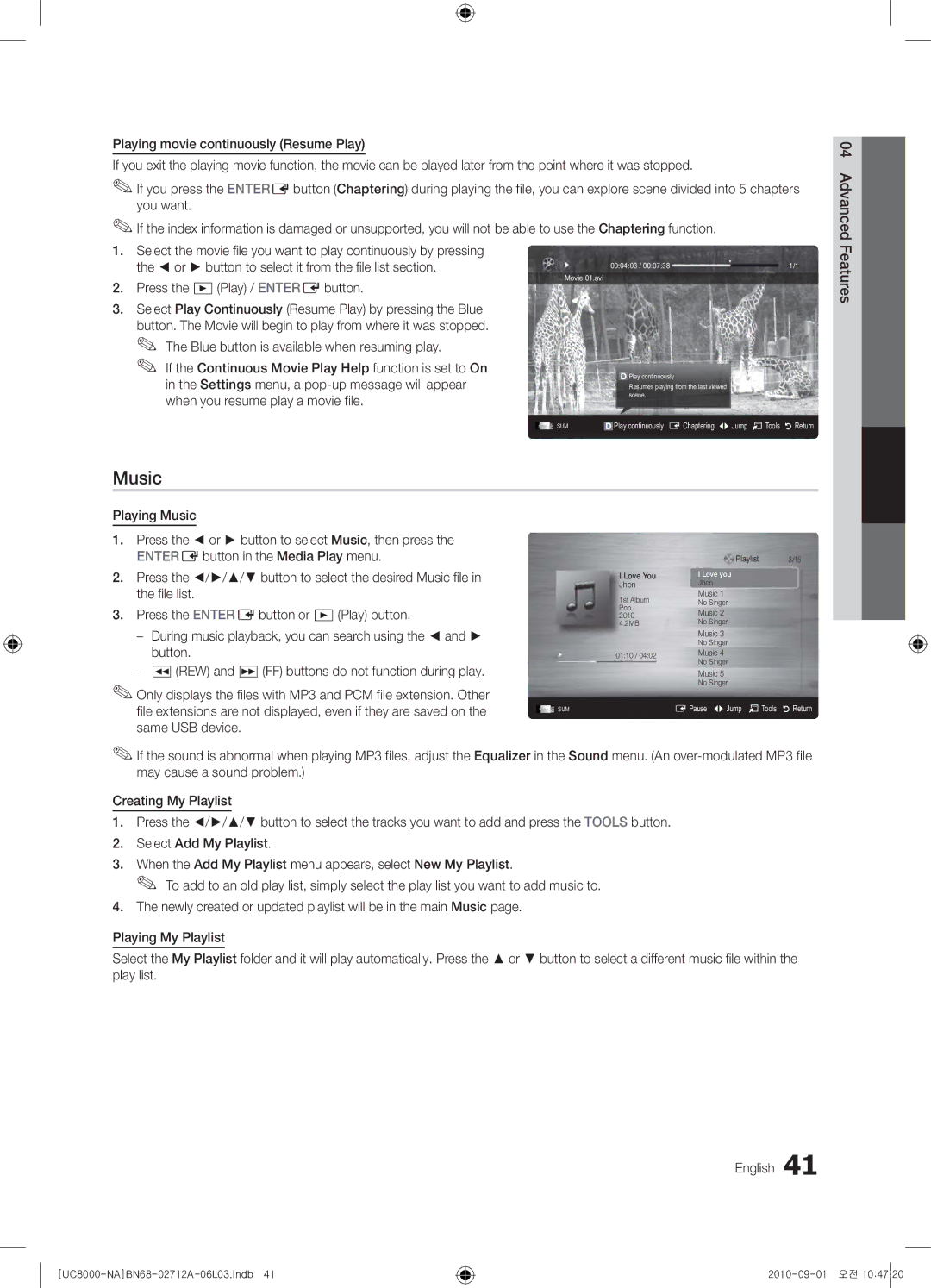 Samsung 8000 user manual Music 