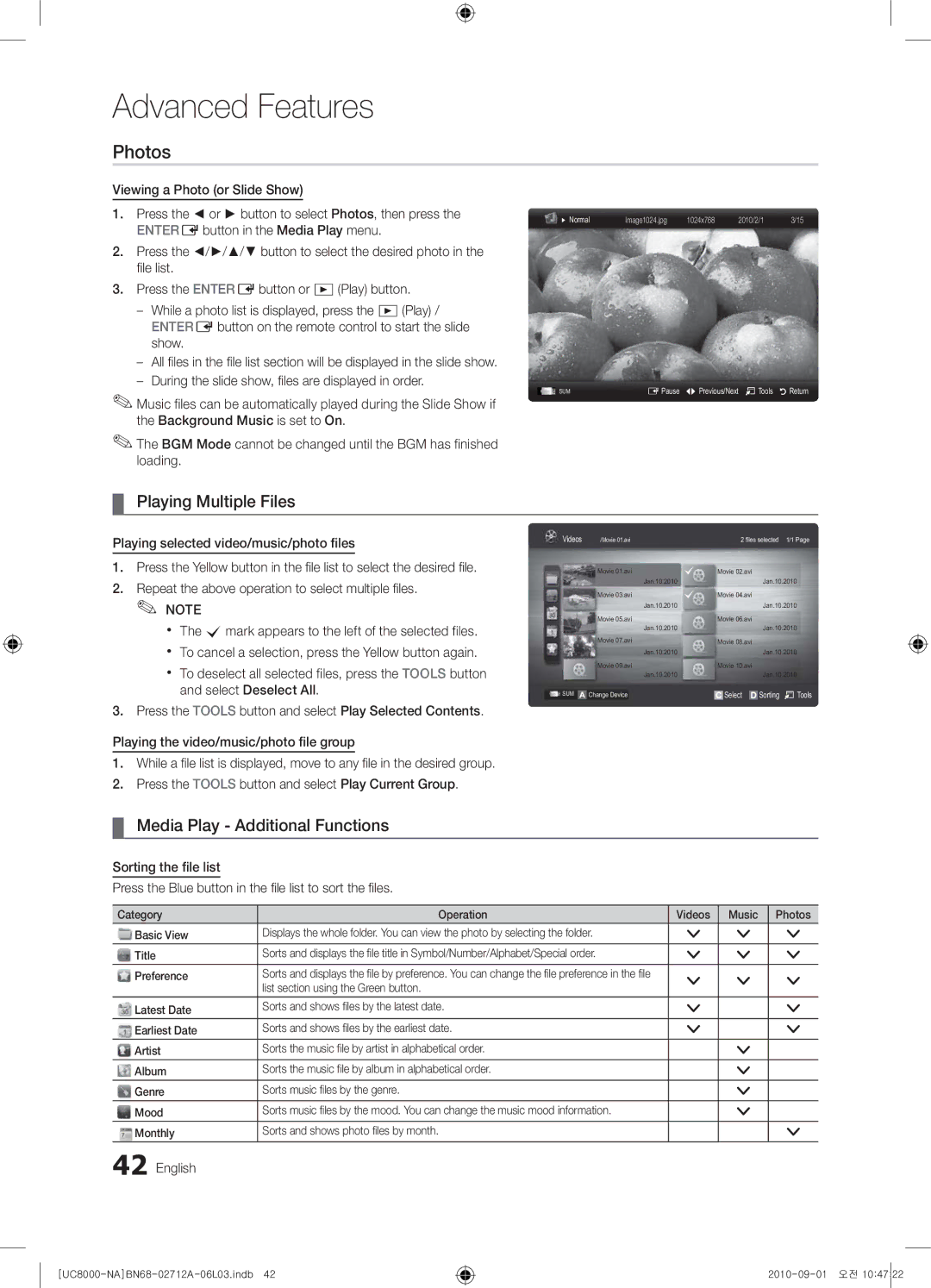 Samsung 8000 user manual Photos, Playing Multiple Files, Media Play Additional Functions 