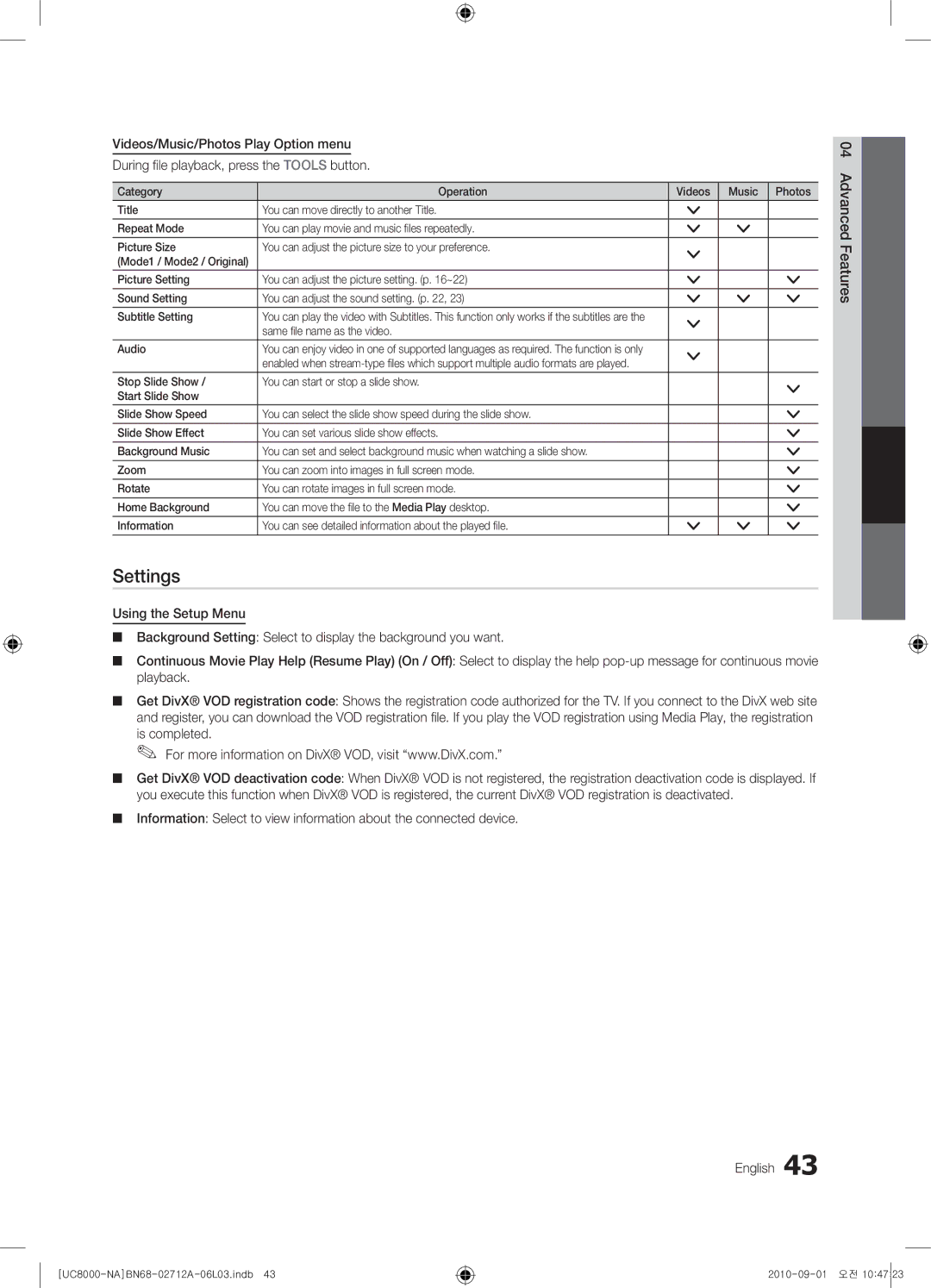 Samsung 8000 user manual Settings, Is completed, Same ﬁle name as the video Audio 