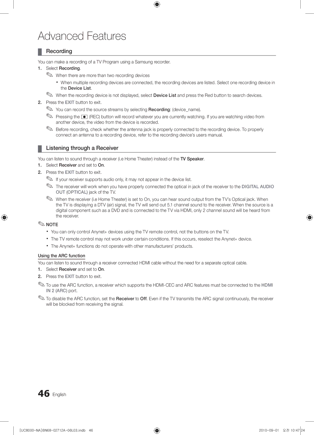 Samsung 8000 user manual Recording, Listening through a Receiver 