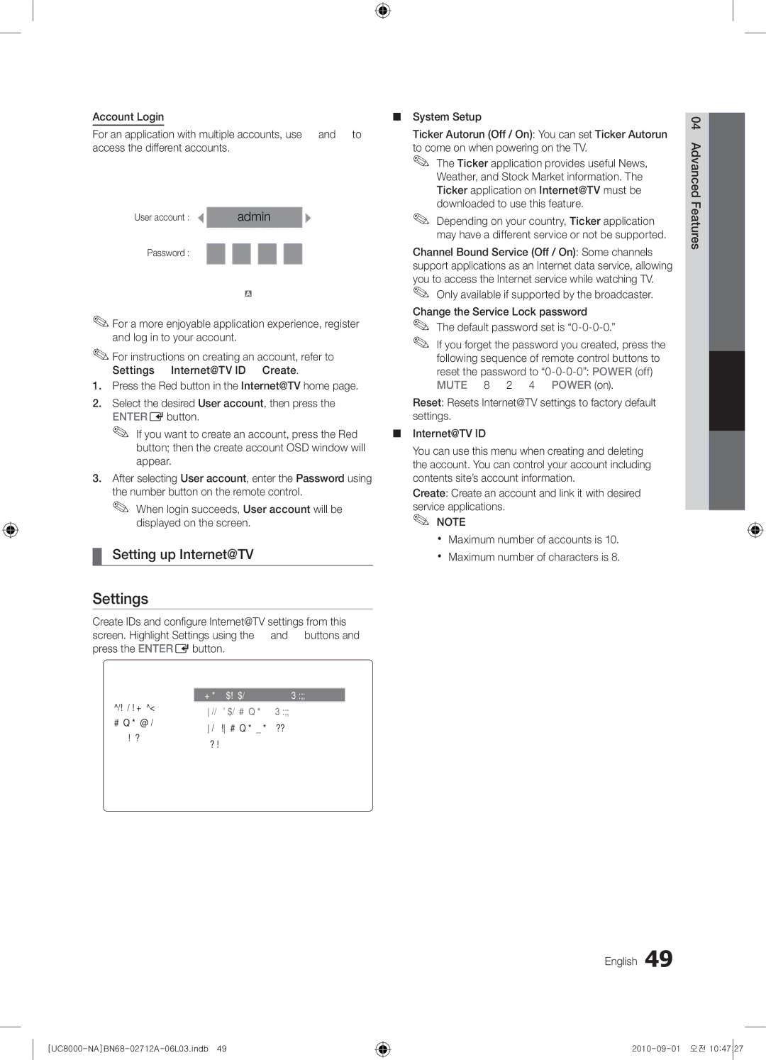 Samsung 8000 user manual Setting up Internet@TV, Login, Password 