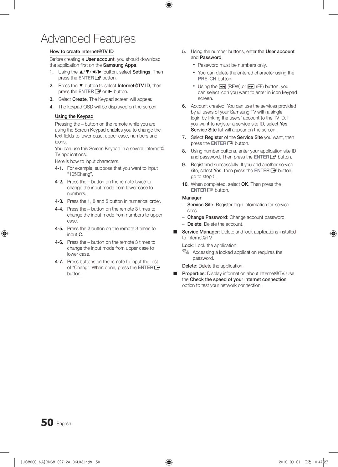 Samsung 8000 user manual How to create Internet@TV ID, Using Button, select Settings. Then Press the Entere button 