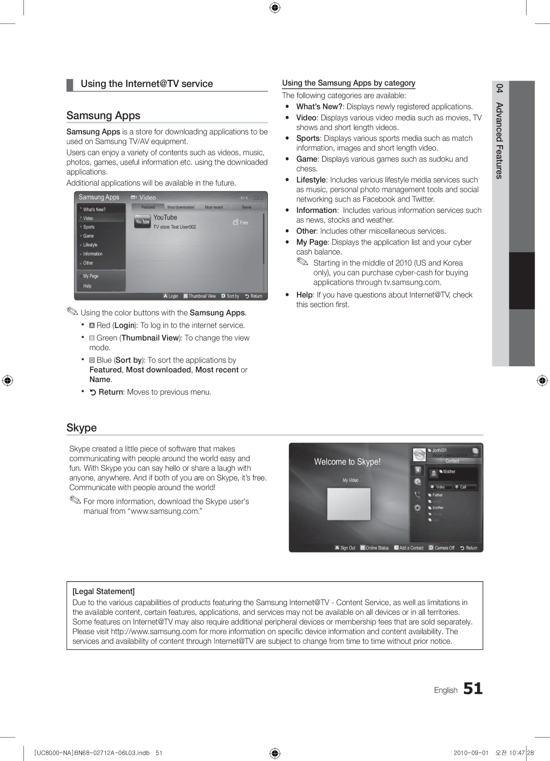 Samsung 8000 user manual Samsung Apps, Skype, Using the Internet@TV service 