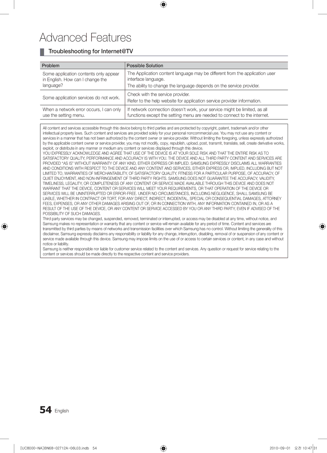 Samsung 8000 user manual Troubleshooting for Internet@TV, Problem Possible Solution, Check with the service provider 