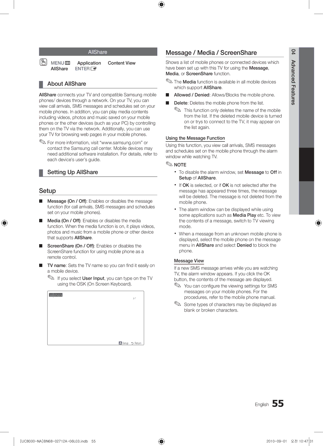 Samsung 8000 user manual Setup, Message / Media / ScreenShare, About AllShare, Setting Up AllShare 