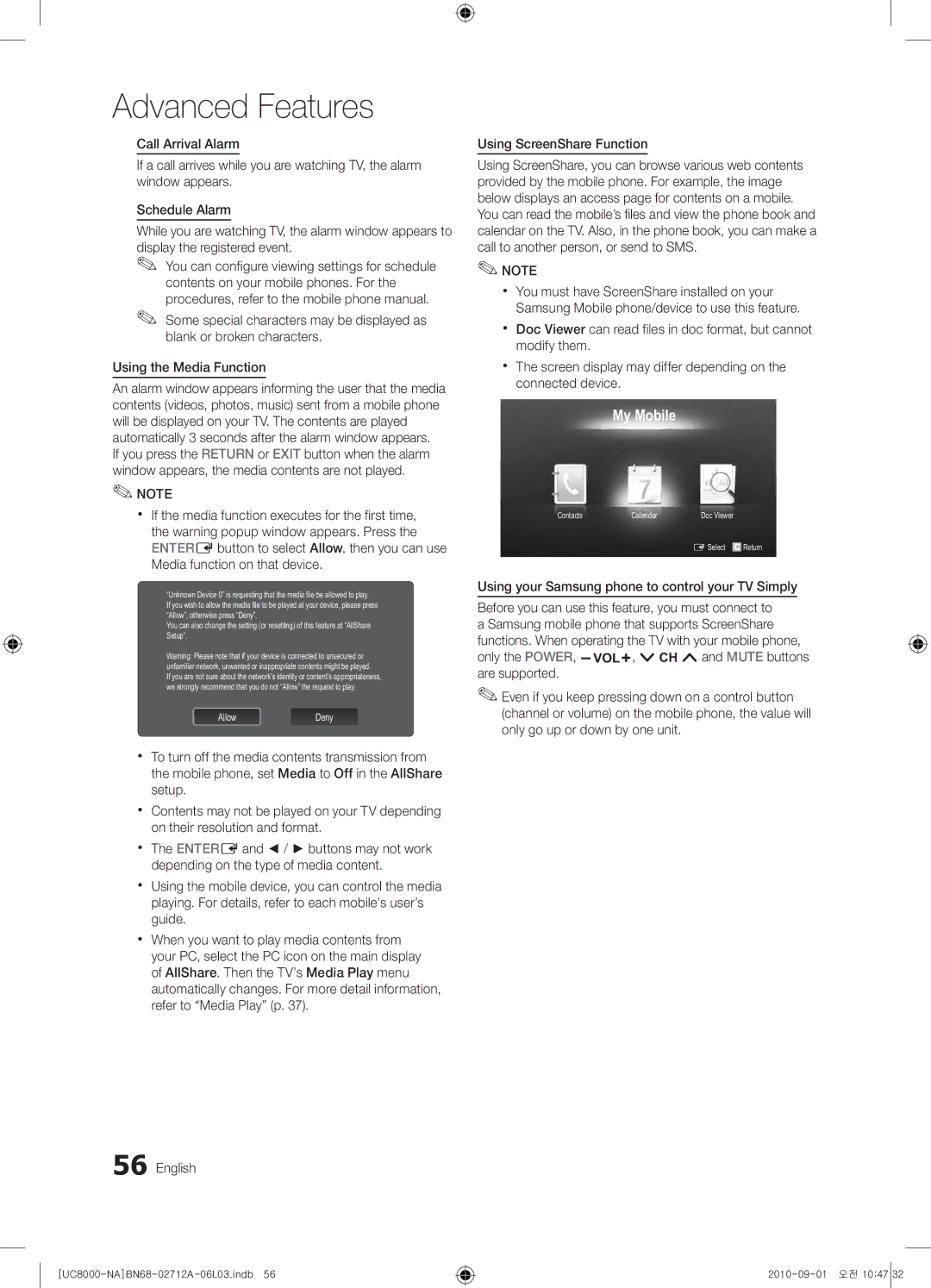 Samsung 8000 user manual My Mobile, Using ScreenShare Function 