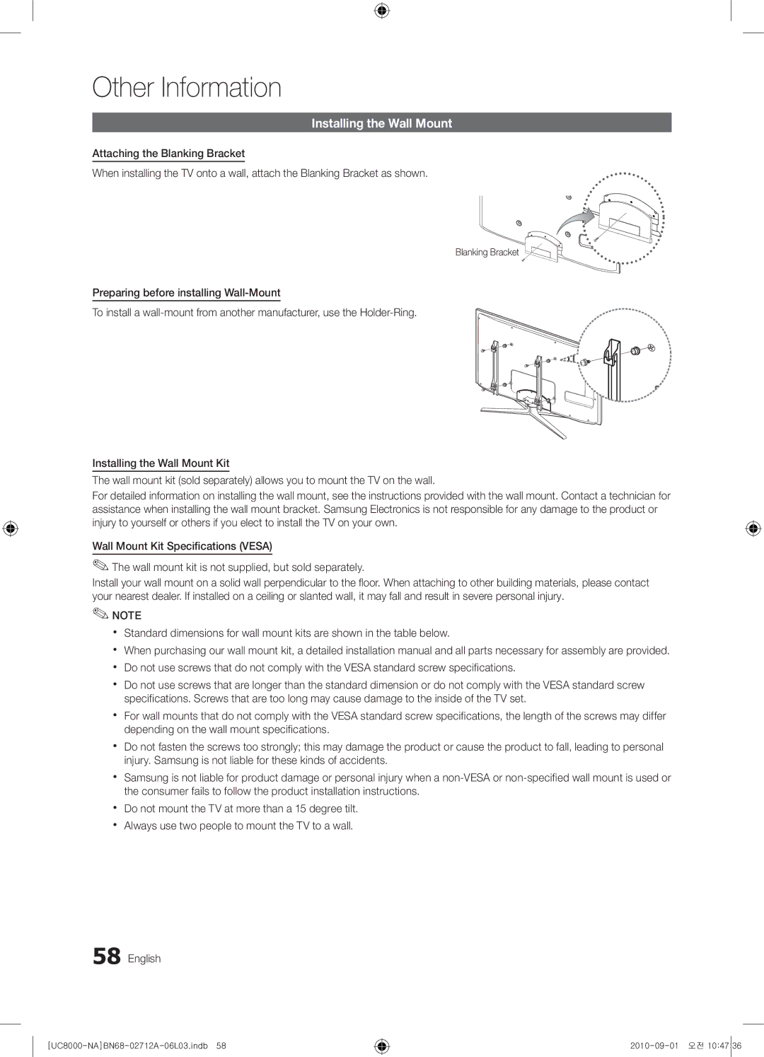 Samsung 8000 user manual Installing the Wall Mount, Blanking Bracket 