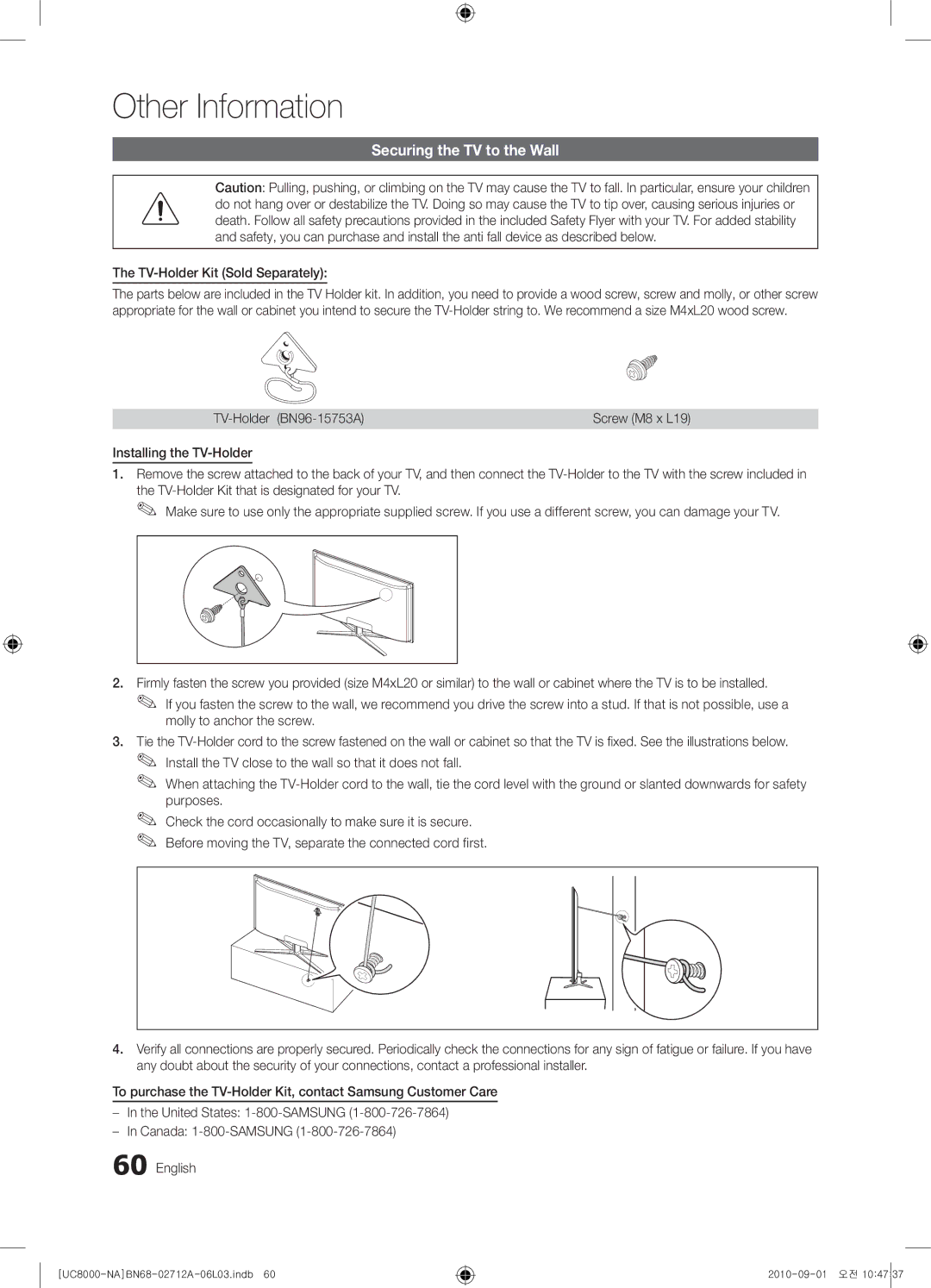 Samsung 8000 user manual Securing the TV to the Wall, TV-Holder Kit Sold Separately, TV-Holder BN96-15753A, Screw M8 x L19 