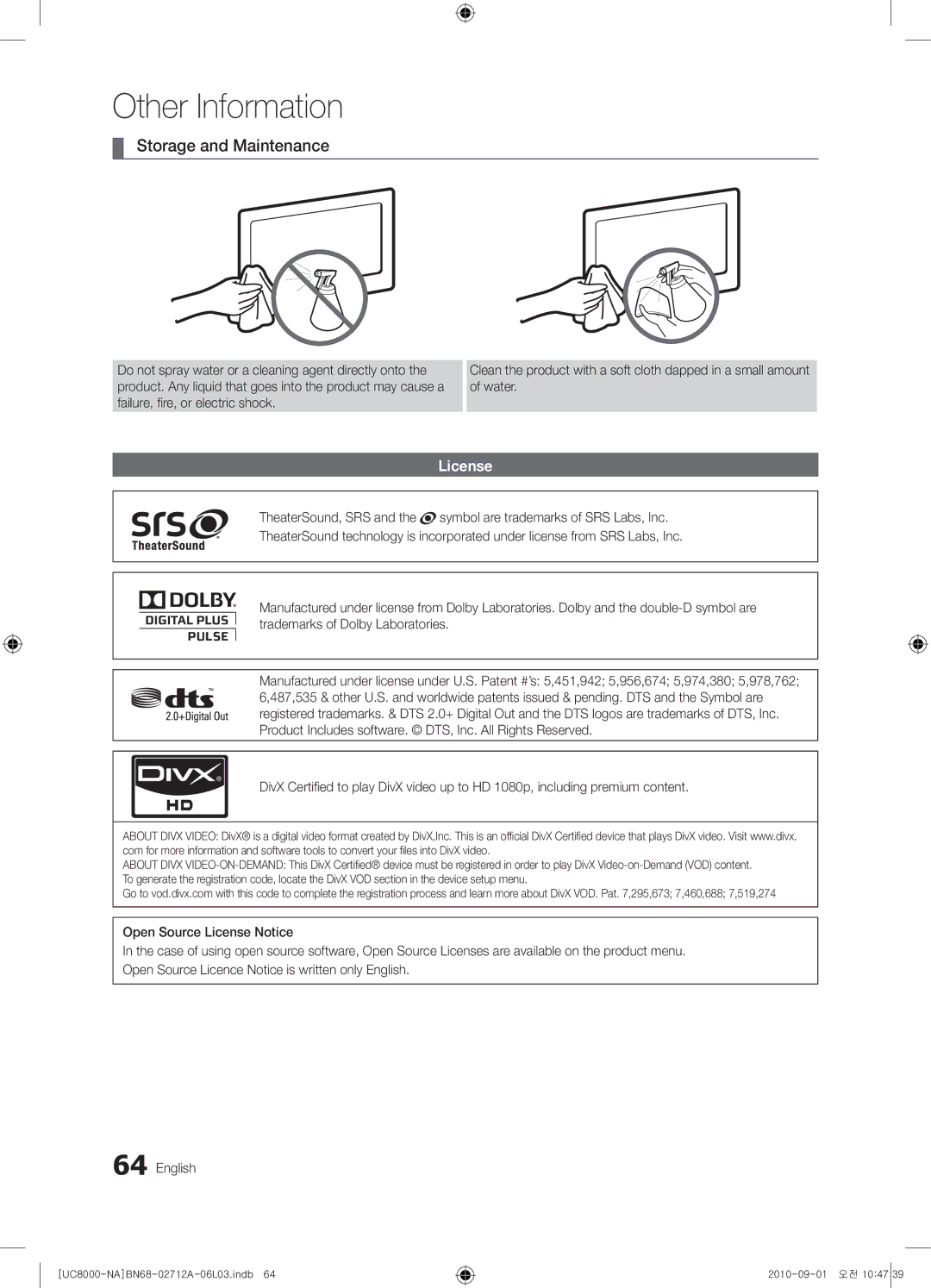 Samsung 8000 user manual Storage and Maintenance, License 