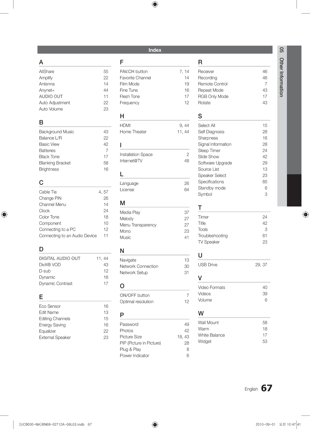 Samsung 8000 user manual Index, AllShare Amplify Antenna Anynet+, Favorite Channel Film Mode Fine Tune Flesh Tone Frequency 