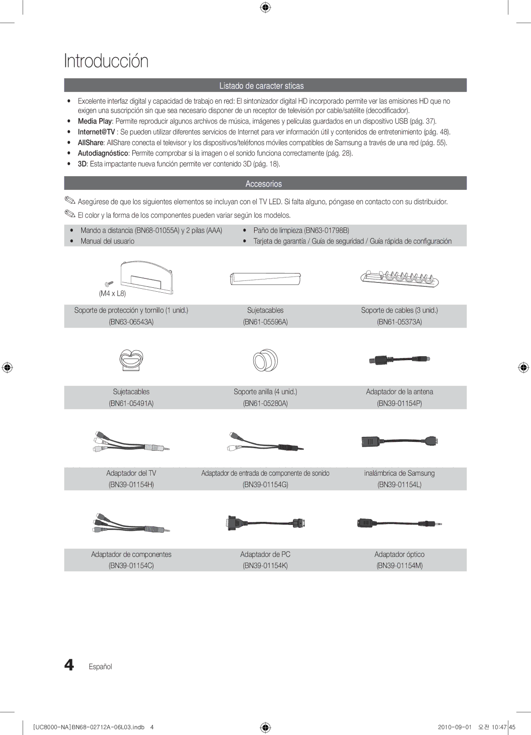 Samsung 8000 Introducción, Listado de características, Accesorios, Paño de limpieza BN63-01798B, Manual del usuario 