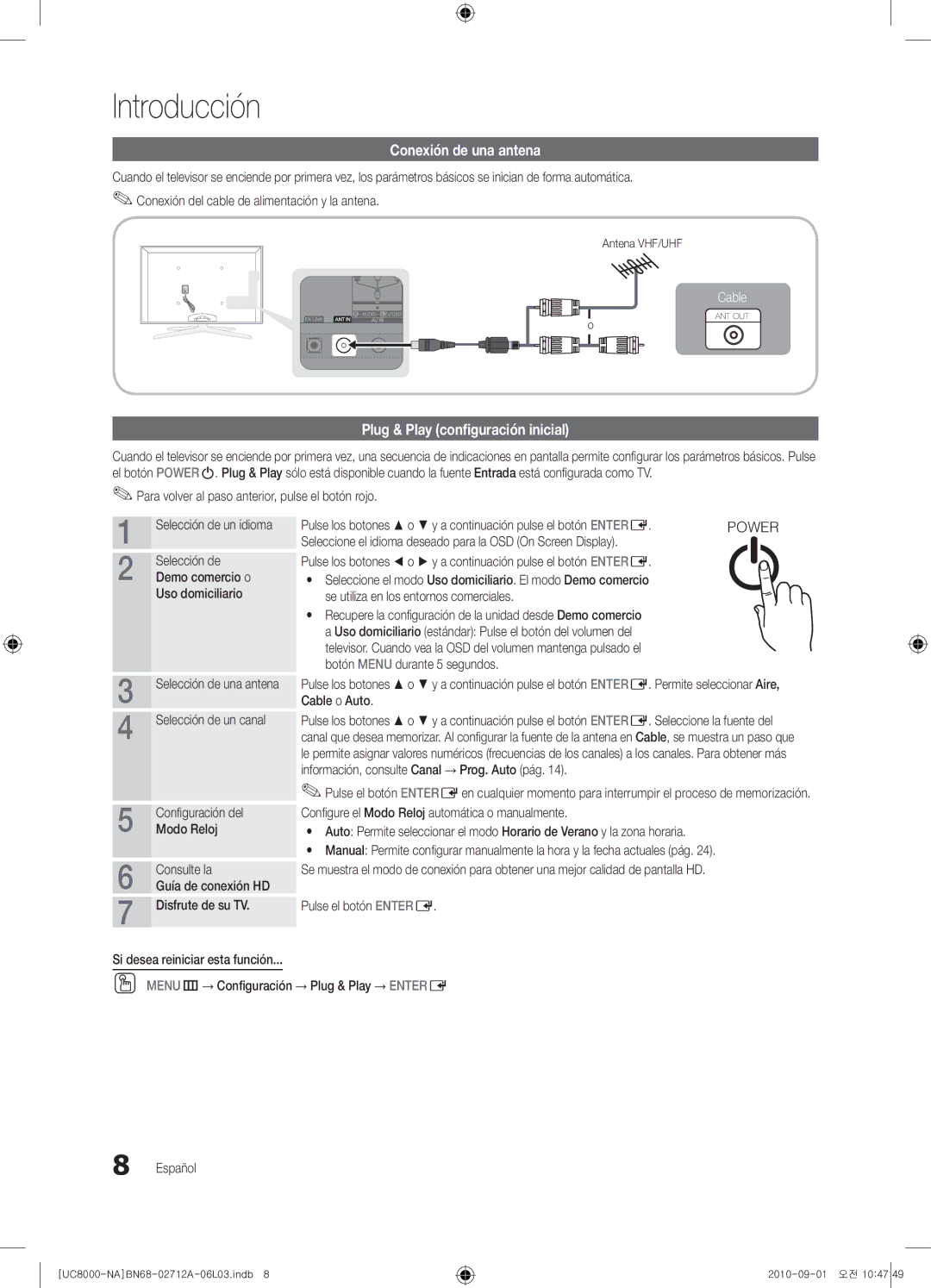 Samsung 8000 user manual Conexión de una antena, Plug & Play conﬁguración inicial, Selección de un canal, Cable o Auto 