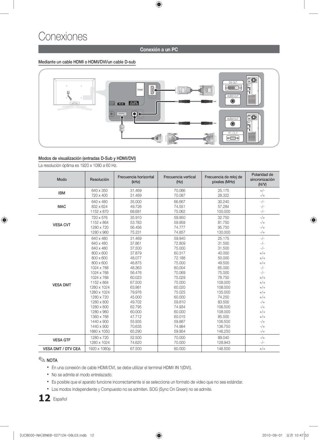 Samsung 8000 user manual Conexión a un PC, Mediante un cable Hdmi o HDMI/DVI/un cable D-sub 