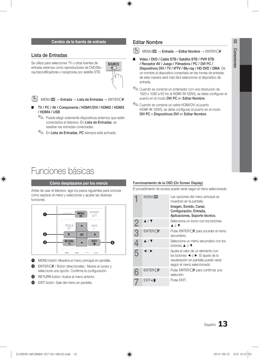 Samsung 8000 user manual Funciones básicas, Lista de Entradas, Editar Nombre, Cambio de la fuente de entrada 