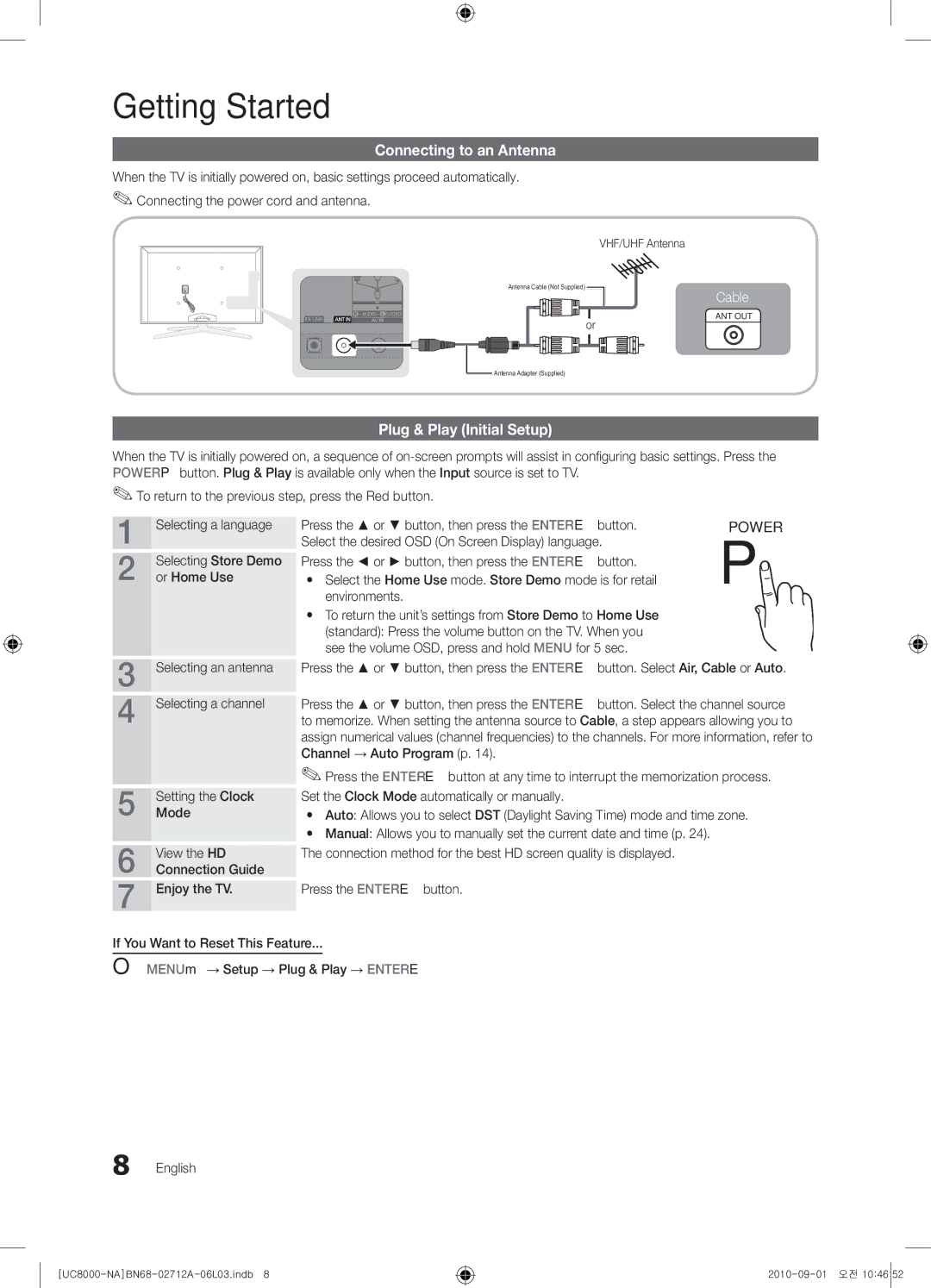 Samsung 8000 Connecting to an Antenna, Plug & Play Initial Setup, Select the desired OSD On Screen Display language, Press 