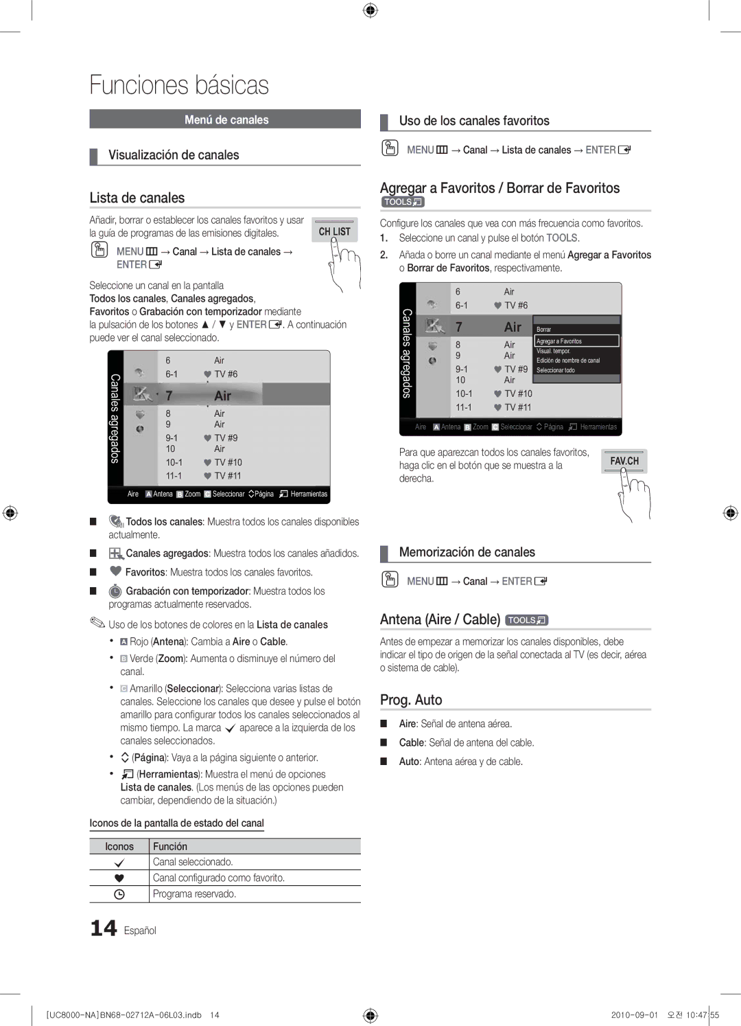 Samsung 8000 user manual Lista de canales, Agregar a Favoritos / Borrar de Favoritos, Antena Aire / Cable t, Prog. Auto 