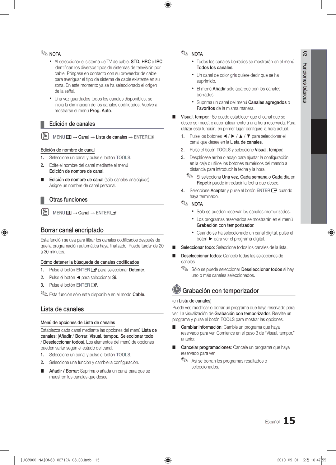 Samsung 8000 user manual Borrar canal encriptado, Grabación con temporizador, Edición de canales, Otras funciones 