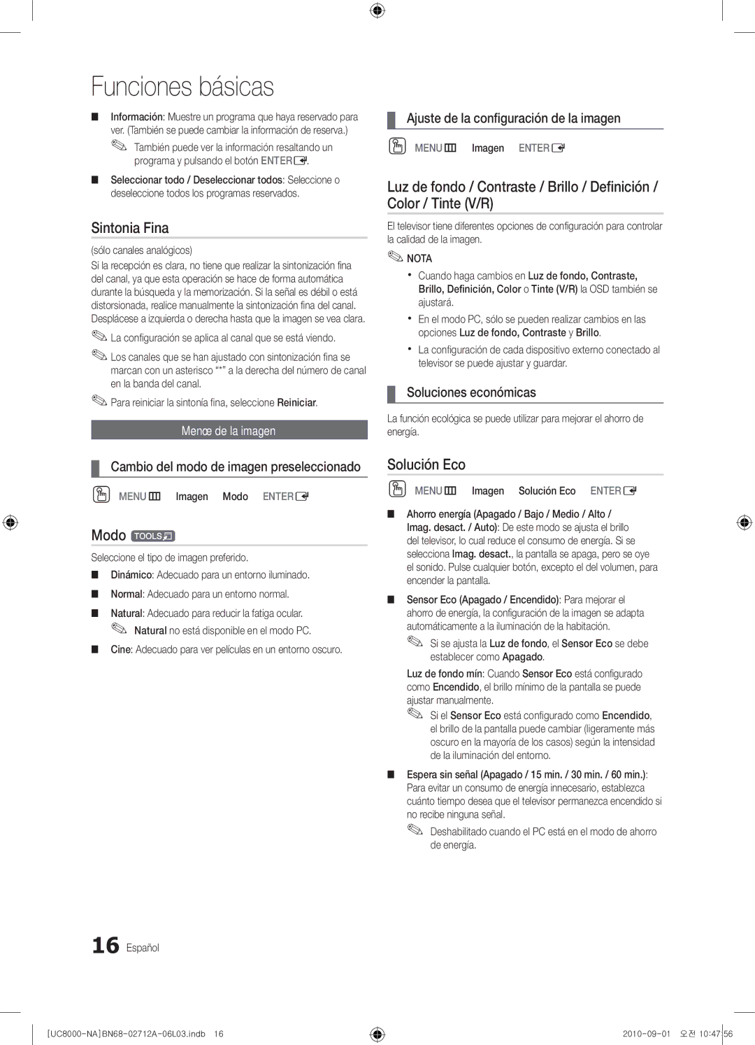 Samsung 8000 user manual Sintonia Fina, Modo t, Solución Eco 