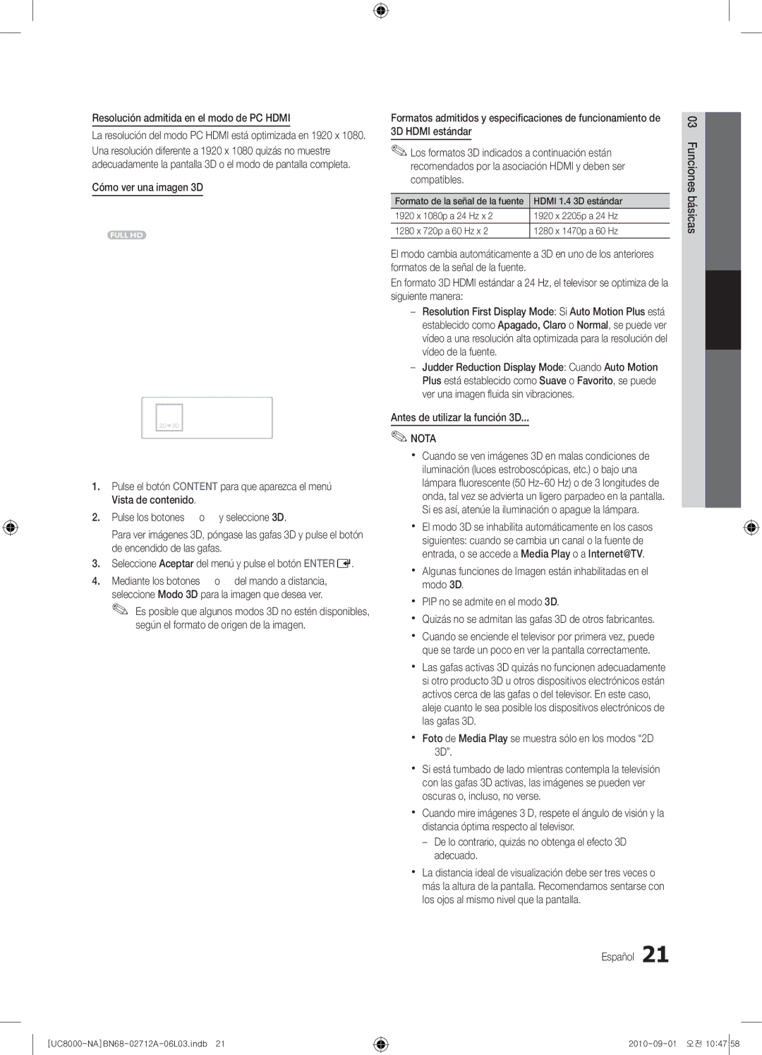 Samsung 8000 user manual Resolución admitida en el modo de PC Hdmi, Cómo ver una imagen 3D, Antes de utilizar la función 3D 