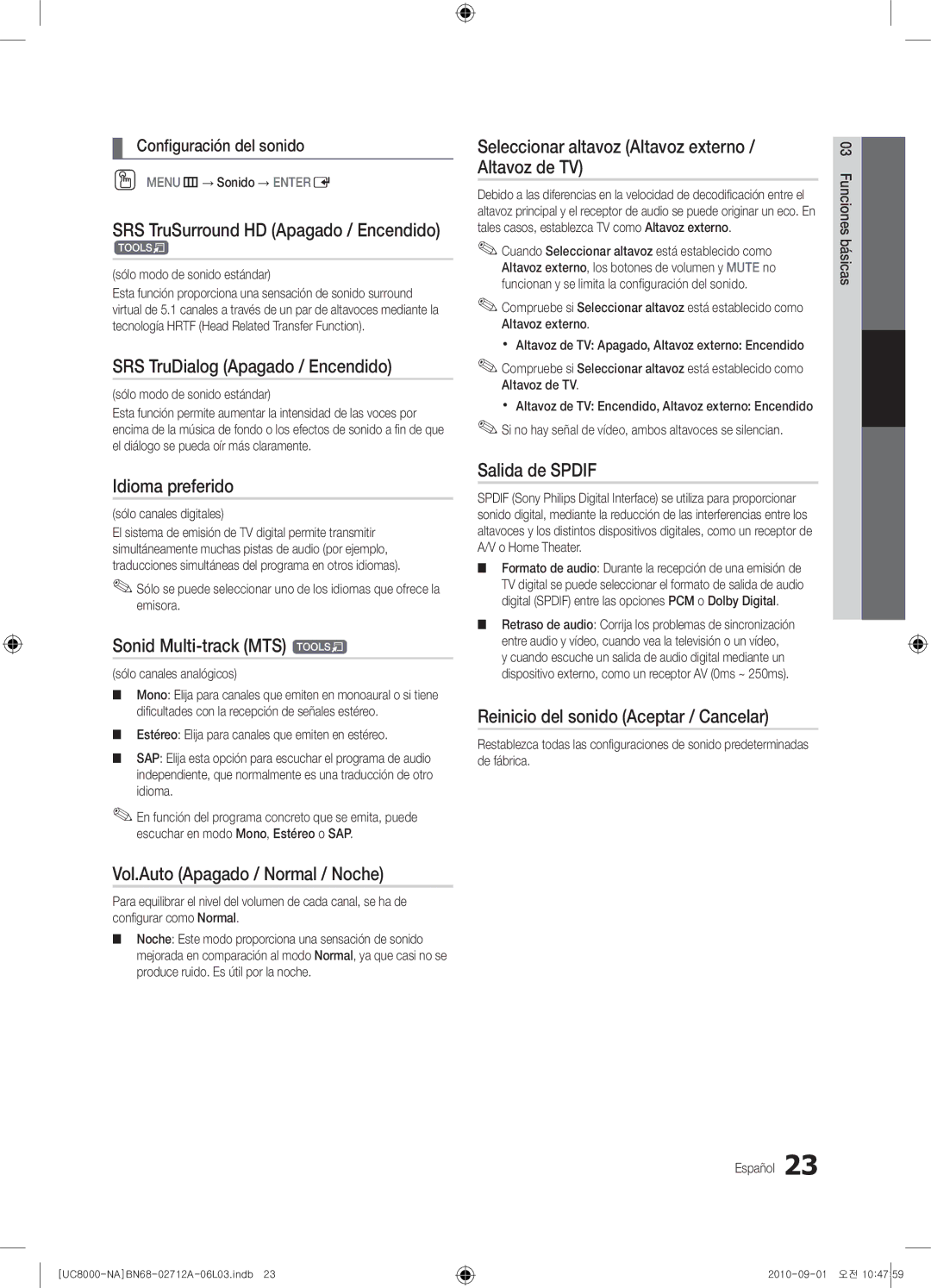 Samsung 8000 user manual SRS TruDialog Apagado / Encendido, Idioma preferido, Sonid Multi-track MTS t, Salida de Spdif 