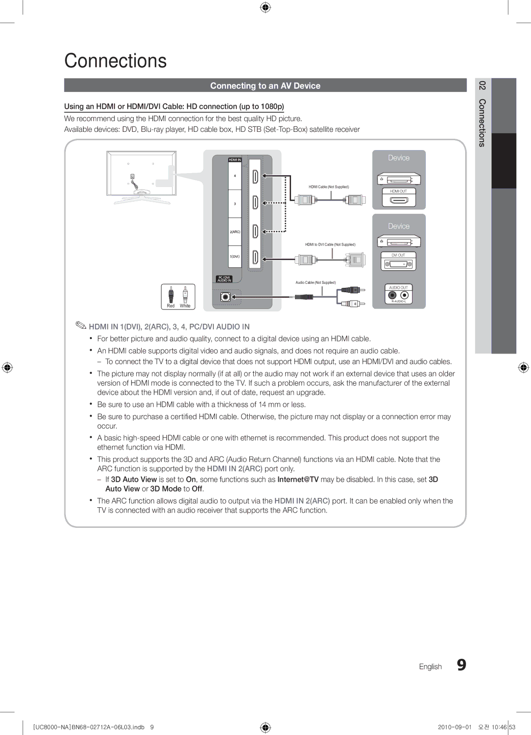 Samsung 8000 user manual Connections, Connecting to an AV Device 