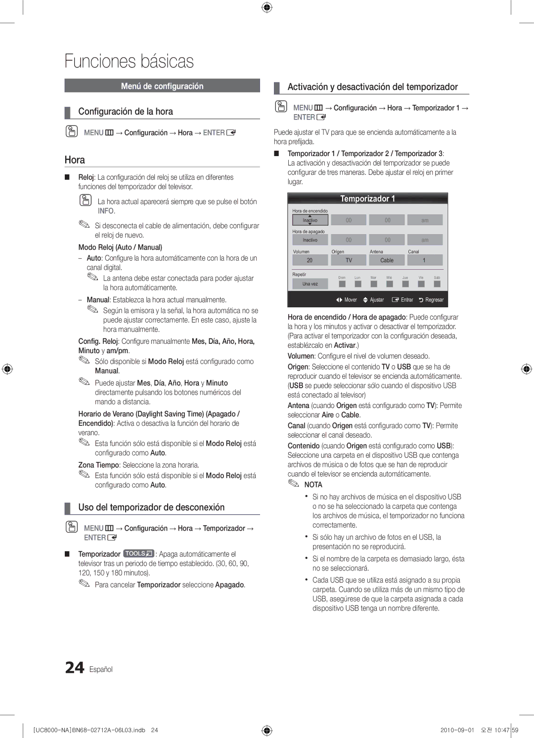 Samsung 8000 user manual Hora, Conﬁguración de la hora, Uso del temporizador de desconexión, Menú de conﬁguración 