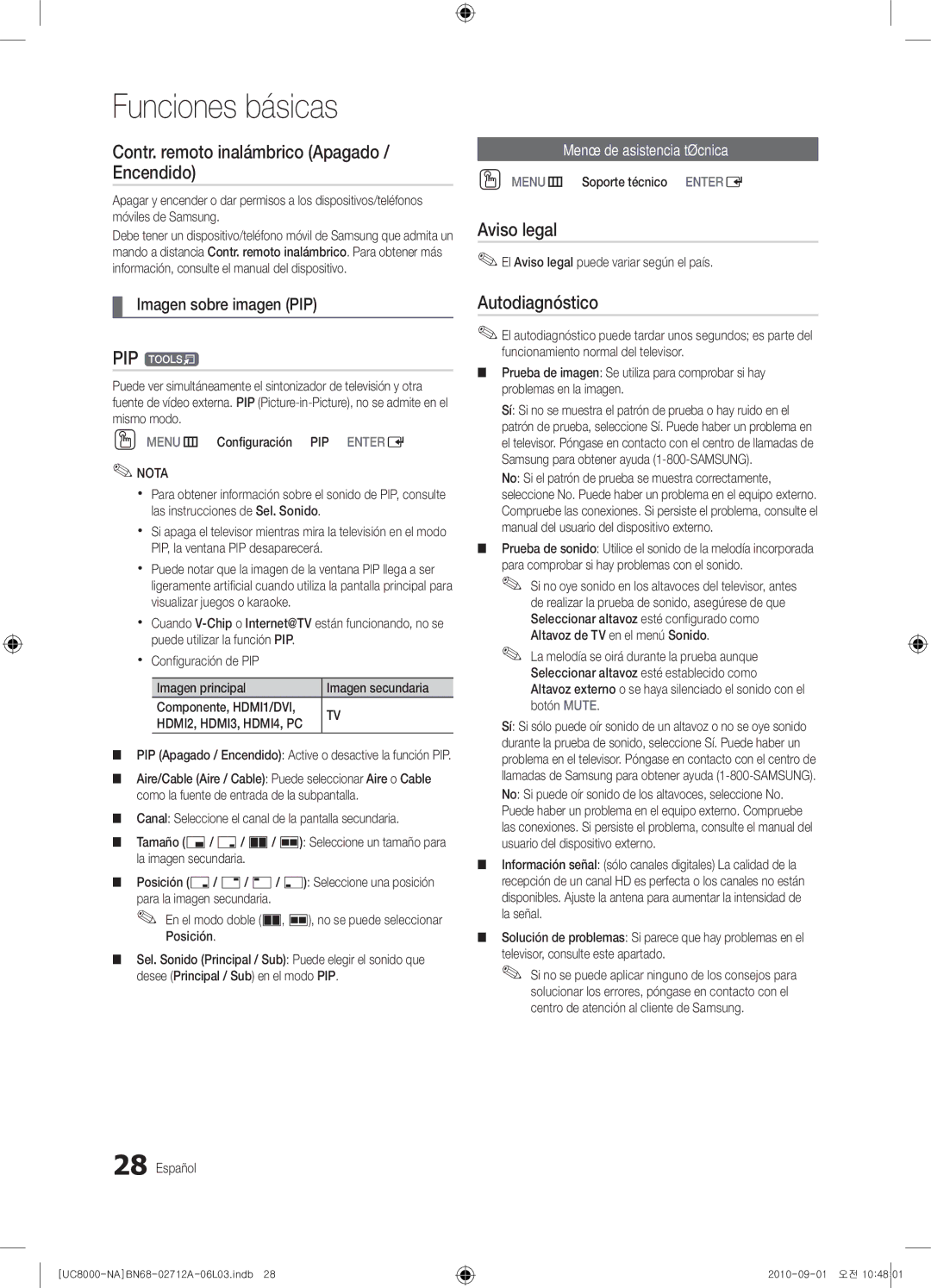 Samsung 8000 user manual Contr. remoto inalámbrico Apagado Encendido, Aviso legal, Autodiagnóstico, Imagen sobre imagen PIP 