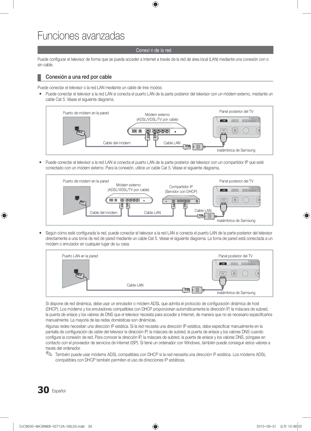 Samsung 8000 user manual Funciones avanzadas, Conexión a una red por cable, Conexión de la red 