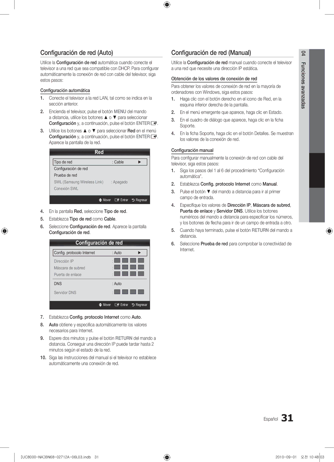 Samsung 8000 Conﬁguración de red Auto, Conﬁguración de red Manual, Red, Obtención de los valores de conexión de red 