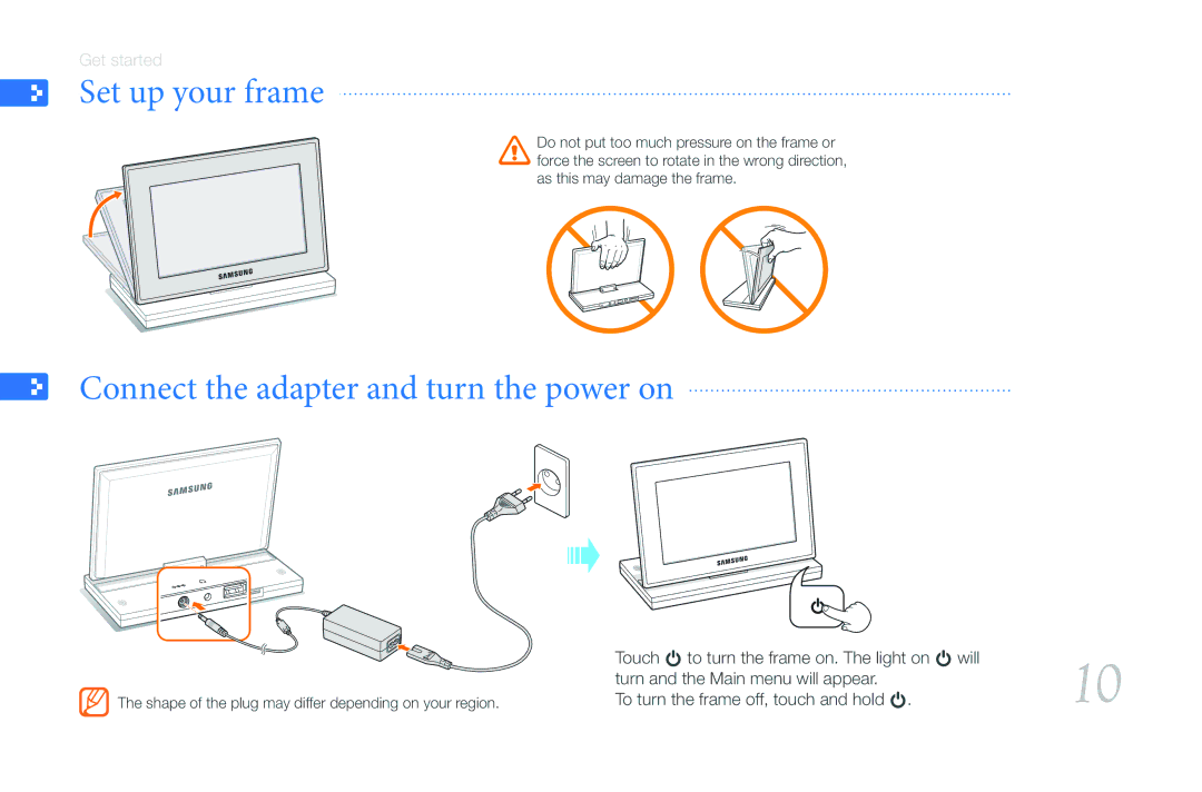 Samsung 800P user manual Set up your frame, Connect the adapter and turn the power on 