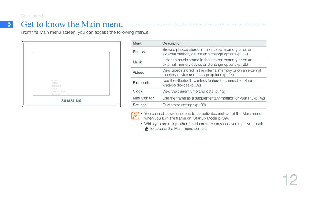 Samsung 800P user manual Get to know the Main menu 