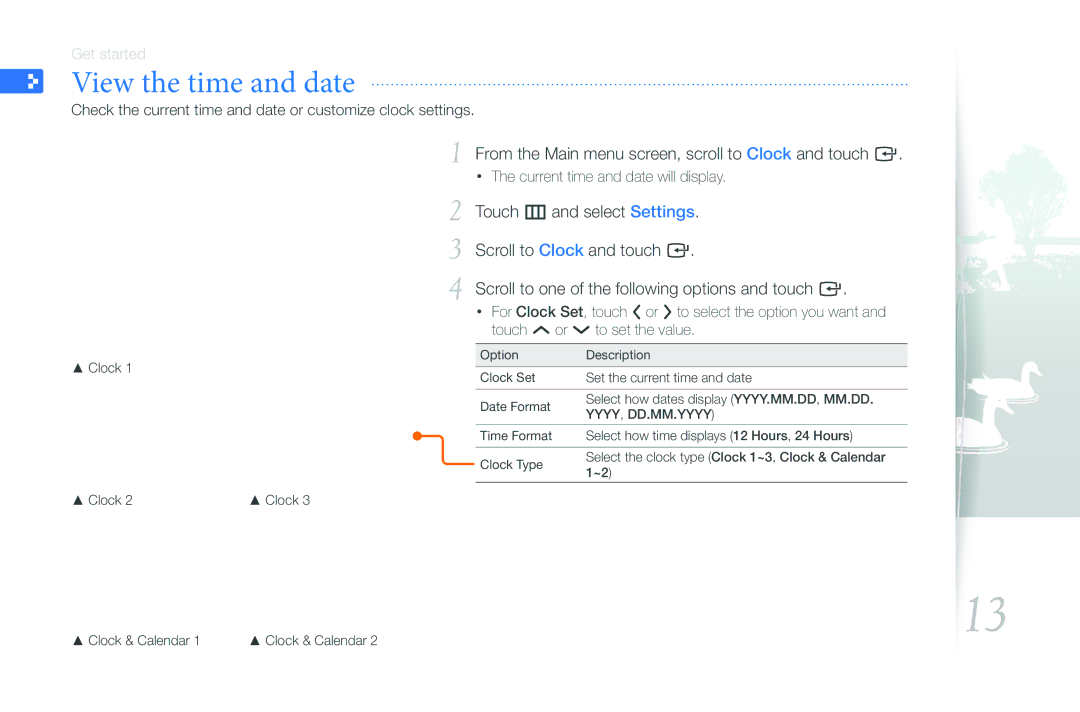 Samsung 800P user manual View the time and date, From the Main menu screen, scroll to Clock and touch e 