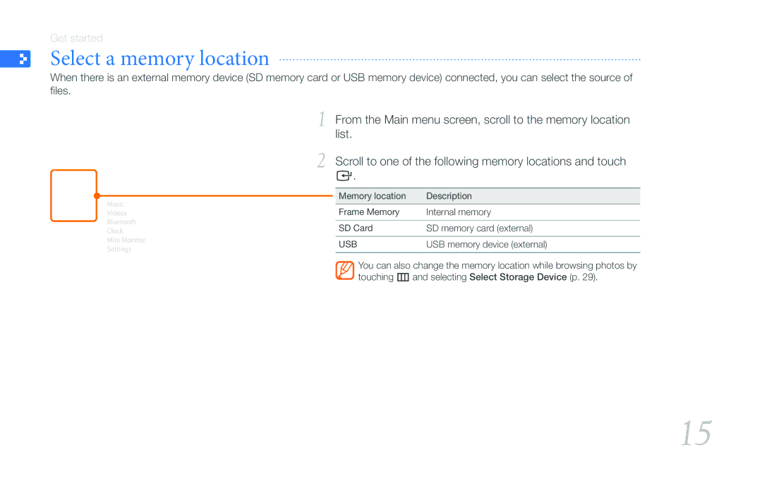 Samsung 800P user manual Select a memory location, Photos 