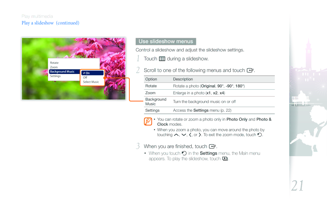 Samsung 800P user manual Use slideshow menus, Touch m during a slideshow, Scroll to one of the following menus and touch e 